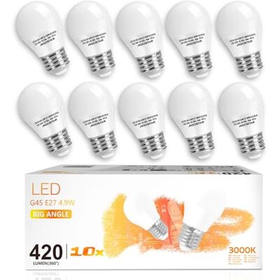 Aigostar Ledlamp E27, 5 W, warm wit 3000 K, 420 lumen, komt overeen met 37 W halogeenlamp, type G45, hoek van 230 graden, CRI ≥ 80, niet dimbaar, verpakking van 10 stuks met doos Aigostar Ledlamp E27, 5 W, warm wit 3000 K, 420 lumen, komt overeen met 37 W halogeenlamp, type G45, hoek van 230 graden, CRI ≥ 80, niet dimbaar, verpakking van 10 stuks met doos