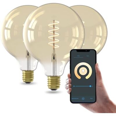 CALEX Set van 3 gloeilampen, gouden globe G125 E27 CCT WiFi, 7 W, Alexa/Google/Siri, warm wit 1800-2700 K, dimbaar, scenario's, zonder brug, wifi 2,4 GHz CALEX Set van 3 gloeilampen, gouden globe G125 E27 CCT WiFi, 7 W, Alexa/Google/Siri, warm wit 1800-2700 K, dimbaar, scenario's, zonder brug, wifi 2,4 GHz