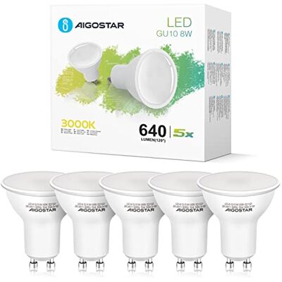 Aigostar GU10 Ledlampen 8W lampen GU 10 schijnwerpers, warm wit licht 3000K, LED-verlichting, 560 lumen, set van 5 Aigostar GU10 Ledlampen 8W lampen GU 10 schijnwerpers, warm wit licht 3000K, LED-verlichting, 560 lumen, set van 5