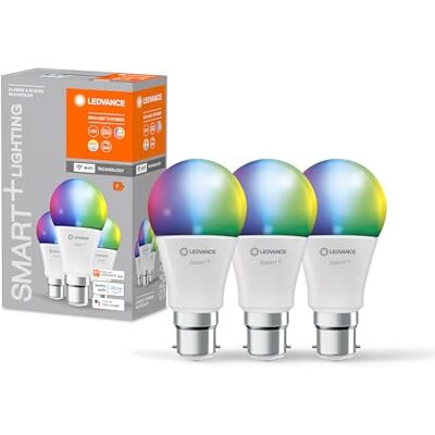 LEDVANCE Slimme ledlamp met wifi-technologie, sokkel B22d, dimbaar, lichtkleur instelbaar (2700-6500 K), RGB-kleuren aanpasbaar, vervangt gloeilampen met 60 W, Smart + WiFi Classic meerkleurig, 3 LEDVANCE Slimme ledlamp met wifi-technologie, sokkel B22d, dimbaar, lichtkleur instelbaar (2700-6500 K), RGB-kleuren aanpasbaar, vervangt gloeilampen met 60 W, Smart + WiFi Classic meerkleurig, 3