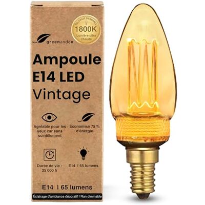 greenandco ® Ledlamp, decoratief, vintage, retro, industrieel, antiek, Edison, E14, C35, 2 W, 65 lm, 1800 K, zeer warm wit, 320 graden, 230 V, geen flikkeren, niet dimbaar greenandco ® Ledlamp, decoratief, vintage, retro, industrieel, antiek, Edison, E14, C35, 2 W, 65 lm, 1800 K, zeer warm wit, 320 graden, 230 V, geen flikkeren, niet dimbaar