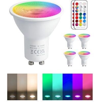 REYLAX RGB GU10 led-lamp, kleurverandering, 5 W, komt overeen met 50 W, 450 lm, warmwit, led, GU10, dimbaar, GU10-lampen, afstandsbediening, infrarood, 4 stuks REYLAX RGB GU10 led-lamp, kleurverandering, 5 W, komt overeen met 50 W, 450 lm, warmwit, led, GU10, dimbaar, GU10-lampen, afstandsbediening, infrarood, 4 stuks