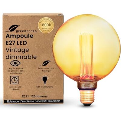 greenandco Dimbare ledlamp decoratieve vintage stijl E27 G125 amber 3,5 W 120 lm 1800 K zeer warm wit 320 ° 230 V geen flikkeren greenandco Dimbare ledlamp decoratieve vintage stijl E27 G125 amber 3,5 W 120 lm 1800 K zeer warm wit 320 ° 230 V geen flikkeren