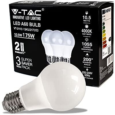 V-TAC Ledlamp met E27-fitting, 10,5 W, A60, 1055 lumen, natuurlijk wit licht (doos van 3 stuks) V-TAC Ledlamp met E27-fitting, 10,5 W, A60, 1055 lumen, natuurlijk wit licht (doos van 3 stuks)