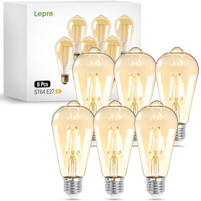 Lepro Ledlampen, E27, warm wit, 2500 K, 470 lm, Edison vintage, 4,8 W, komt overeen met 40 W, decoratief, retro, voor thuis, bars, café, restaurant, niet dimbaar, 6 stuks Lepro Ledlampen, E27, warm wit, 2500 K, 470 lm, Edison vintage, 4,8 W, komt overeen met 40 W, decoratief, retro, voor thuis, bars, café, restaurant, niet dimbaar, 6 stuks