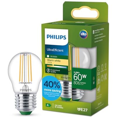 Philips LED UltraEfficient gloeilamp helder filament P45, Edison fitting E27, energie-efficiëntieklasse A, 806 lm, komt overeen met 60 W, warm wit (2700 K), EyeComfort, 50.000 uur, 1 verpakking Philips LED UltraEfficient gloeilamp helder filament P45, Edison fitting E27, energie-efficiëntieklasse A, 806 lm, komt overeen met 60 W, warm wit (2700 K), EyeComfort, 50.000 uur, 1 verpakking