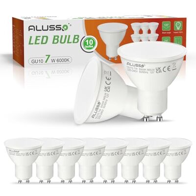 ALUSSO Set van 10 GU10 led-lampen, 7 W, 6000 K, koudwit, 560 lm, stralingshoek, 120 graden, reflector, niet dimbaar ALUSSO Set van 10 GU10 led-lampen, 7 W, 6000 K, koudwit, 560 lm, stralingshoek, 120 graden, reflector, niet dimbaar