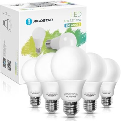 Aigostar LED lamp A5 A60 12W E27 Fitting Daglicht 6400K 1020 lumen Set van 5. Aigostar LED lamp A5 A60 12W E27 Fitting Daglicht 6400K 1020 lumen Set van 5.