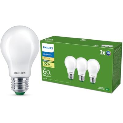 Philips Ultra-efficiënte led-lamp mat, 60 W, E27-fitting, warmwit licht, 2700 K, energielabel A, 3 stuks Philips Ultra-efficiënte led-lamp mat, 60 W, E27-fitting, warmwit licht, 2700 K, energielabel A, 3 stuks