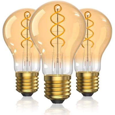Bonlux Set van 3 E27 LED-lampen, warm licht, 2000 K, 4 W, vintage decoratieve gloeilamp, A60, Amber, glas, niet verstelbaar, voor café, bar, huis, slaapkamer Bonlux Set van 3 E27 LED-lampen, warm licht, 2000 K, 4 W, vintage decoratieve gloeilamp, A60, Amber, glas, niet verstelbaar, voor café, bar, huis, slaapkamer