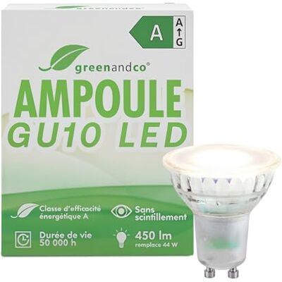 greenandco GU10 LED-lamp, vervangt 44 W, warm wit 3000 K, 2,5 W, 450 lm, 100 graden, flikkervrij, energie-efficiëntieklasse A, ledlamp 230 V, niet dimbaar greenandco GU10 LED-lamp, vervangt 44 W, warm wit 3000 K, 2,5 W, 450 lm, 100 graden, flikkervrij, energie-efficiëntieklasse A, ledlamp 230 V, niet dimbaar