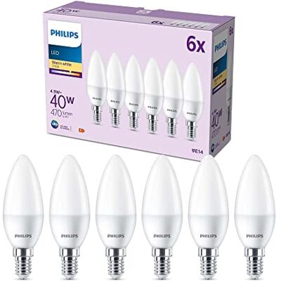 Philips Kaarslamp E14 LED, warmwit licht, kleine fitting, 40 W, mat, 6 Warm wit licht, 40 W lamp, energiebesparend, lange levensduur Philips Kaarslamp E14 LED, warmwit licht, kleine fitting, 40 W, mat, 6 Warm wit licht, 40 W lamp, energiebesparend, lange levensduur