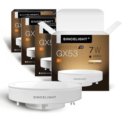 SINCELIGHT Ledlampen GX53, 7 W matte reflector, komt overeen met 60 W, lichtschijf, RA≈92, warm wit 2700 K, voor keukenmeubels, etalages, verlichting onder planken, 4 stuks SINCELIGHT Ledlampen GX53, 7 W matte reflector, komt overeen met 60 W, lichtschijf, RA≈92, warm wit 2700 K, voor keukenmeubels, etalages, verlichting onder planken, 4 stuks