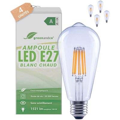 greenandco 4 x led-filamentlampen, transparant, E27, ST64, 7,2 W, 1521 lm, vervangt 100 W, 3000 K, warmwit, 320 graden, 230 V, flikkervrij, energieklasse A, niet dimbaar greenandco 4 x led-filamentlampen, transparant, E27, ST64, 7,2 W, 1521 lm, vervangt 100 W, 3000 K, warmwit, 320 graden, 230 V, flikkervrij, energieklasse A, niet dimbaar