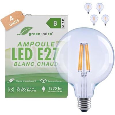 greenandco 4 x led-filamentlampen, transparant, CRI 90+, E27 G125, 7,2 W, 1335 lm, vervangt 90 W, 3000 K, warmwit, 320 graden, 230 V, flikkervrij, energieklasse B, niet dimbaar greenandco 4 x led-filamentlampen, transparant, CRI 90+, E27 G125, 7,2 W, 1335 lm, vervangt 90 W, 3000 K, warmwit, 320 graden, 230 V, flikkervrij, energieklasse B, niet dimbaar