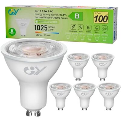 GY B-klasse GU10 led-spot, 1025 lm, warmwit, 2700 K, GU10, 36 graden (smalle straal), 6,5 W, komt overeen met 100 W, energie-efficiëntie, niet dimbaar, 6 stuks GY B-klasse GU10 led-spot, 1025 lm, warmwit, 2700 K, GU10, 36 graden (smalle straal), 6,5 W, komt overeen met 100 W, energie-efficiëntie, niet dimbaar, 6 stuks