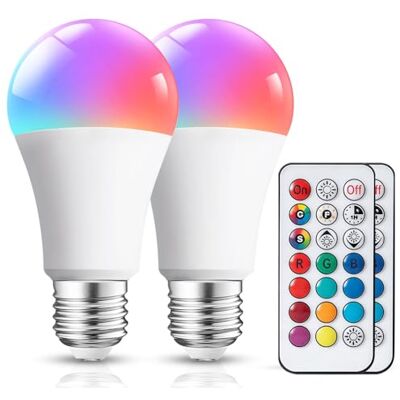 Aigostar Set van 2 led-lampen E27 afstandsbediening warm wit (3000 K), kleurverandering, 8 W komt overeen met 60 W. 4 modi, 5 helderheidsniveaus, RGB 15 kleurkeuze Aigostar Set van 2 led-lampen E27 afstandsbediening warm wit (3000 K), kleurverandering, 8 W komt overeen met 60 W. 4 modi, 5 helderheidsniveaus, RGB 15 kleurkeuze