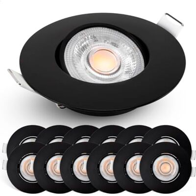 EMOS Led-inbouwspot, dimbaar, 230 V, 4,9 W/480 lm, 50 graden draaibaar, warm wit 2700 K, set van 12 dimbare led-plafondspots voor binnen, led-inbouwplafondlamp, zwart EMOS Led-inbouwspot, dimbaar, 230 V, 4,9 W/480 lm, 50 graden draaibaar, warm wit 2700 K, set van 12 dimbare led-plafondspots voor binnen, led-inbouwplafondlamp, zwart