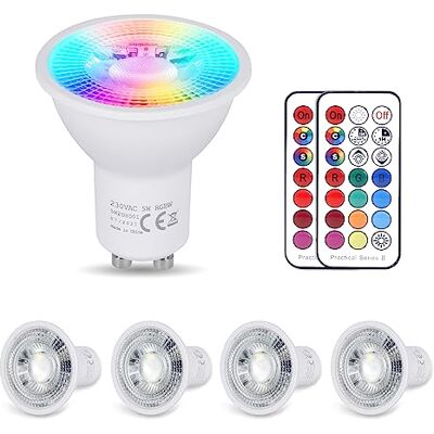 YAYZA! YAYZA Ledlamp, GU10, warmwit, 5 W, 3000 K, RGB, dimbaar, 450 lm (komt overeen met 50 W), 12 kleuren, 5 modi, timing, afstandsbediening (4 stuks) YAYZA! YAYZA Ledlamp, GU10, warmwit, 5 W, 3000 K, RGB, dimbaar, 450 lm (komt overeen met 50 W), 12 kleuren, 5 modi, timing, afstandsbediening (4 stuks)