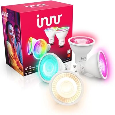 innr Zigbee GU10 slimme gloeilamp, werkt met Hue* en Alexa (brug vereist), witte en gekleurde spot, 16 miljoen kleuren, RGB-lampen, led-lamp, dimbaar, 410 lumen, 4 stuks innr Zigbee GU10 slimme gloeilamp, werkt met Hue* en Alexa (brug vereist), witte en gekleurde spot, 16 miljoen kleuren, RGB-lampen, led-lamp, dimbaar, 410 lumen, 4 stuks