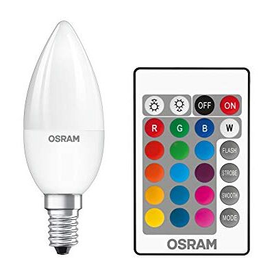 OSRAM Retrofit E14 led RGBW lamp met afstandsbediening 2700K warmwit 9W vervangt 60W mat één maat OSRAM Retrofit E14 led RGBW lamp met afstandsbediening 2700K warmwit 9W vervangt 60W mat één maat