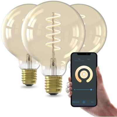 CALEX Set van 3 gloeilampen, gouden globe G95 E27 CCT WiFi, 7 W, Alexa/Google/Siri, warm wit 1800-2700 K, dimbaar, scenario's, zonder brug, wifi 2,4 GHz CALEX Set van 3 gloeilampen, gouden globe G95 E27 CCT WiFi, 7 W, Alexa/Google/Siri, warm wit 1800-2700 K, dimbaar, scenario's, zonder brug, wifi 2,4 GHz