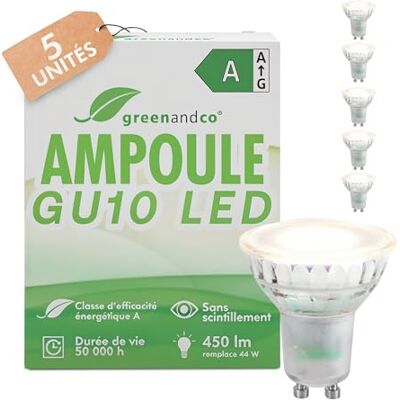 greenandco 5 x GU10 LED-lampen, vervangt 44 W, neutraal wit 4000 K, 2,5 W, 450 lm, 100 graden, flikkervrij, energie-efficiëntieklasse A, ledlamp 230 V, niet dimbaar greenandco 5 x GU10 LED-lampen, vervangt 44 W, neutraal wit 4000 K, 2,5 W, 450 lm, 100 graden, flikkervrij, energie-efficiëntieklasse A, ledlamp 230 V, niet dimbaar