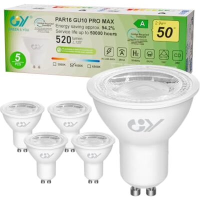 GY Klasse A, GU10, 2,9 W, komt overeen met 50 W, 520 lm, 4000 K, neutraal wit, stralingshoek 100 graden, niet dimbaar, GU10 led-lamp, energie-efficiëntie, 5 stuks GY Klasse A, GU10, 2,9 W, komt overeen met 50 W, 520 lm, 4000 K, neutraal wit, stralingshoek 100 graden, niet dimbaar, GU10 led-lamp, energie-efficiëntie, 5 stuks
