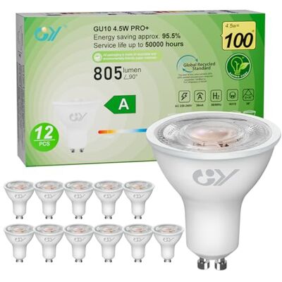 GY GU10 led-spot, klasse A, 805 lm, warmwit, 2700 K, 4,5 W, komt overeen met 100 W, GU10, 36 graden (smalle straling), energie-efficiëntie, niet dimbaar, 12 stuks GY GU10 led-spot, klasse A, 805 lm, warmwit, 2700 K, 4,5 W, komt overeen met 100 W, GU10, 36 graden (smalle straling), energie-efficiëntie, niet dimbaar, 12 stuks