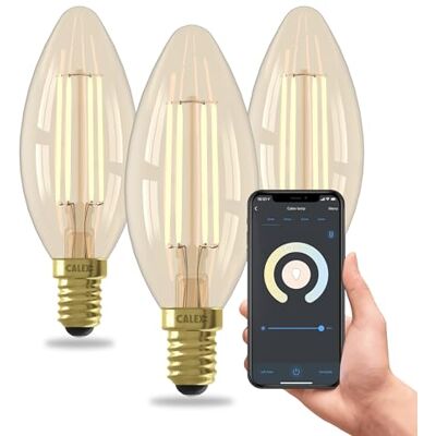CALEX 3 stuks gouden gloeidraad B35 E14 CCT WiFi, 4,9 W 470 lm, Alexa/Google/Siri, wit 1800-3000 K, dimbaar, scenario's, zonder brug, wifi 2,4 GHz CALEX 3 stuks gouden gloeidraad B35 E14 CCT WiFi, 4,9 W 470 lm, Alexa/Google/Siri, wit 1800-3000 K, dimbaar, scenario's, zonder brug, wifi 2,4 GHz