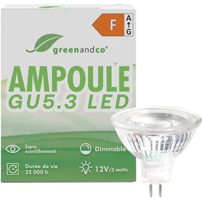 greenandco GU5.3 led-lamp, dimbaar, 12 V, 2700 K, 3 W, 250 lm, CRI 90+ GU 5.3 MR16 COB led-spot, warm wit, vervangt 28 W, 38 graden, hoge kleurweergave-index, flikkervrij greenandco GU5.3 led-lamp, dimbaar, 12 V, 2700 K, 3 W, 250 lm, CRI 90+ GU 5.3 MR16 COB led-spot, warm wit, vervangt 28 W, 38 graden, hoge kleurweergave-index, flikkervrij