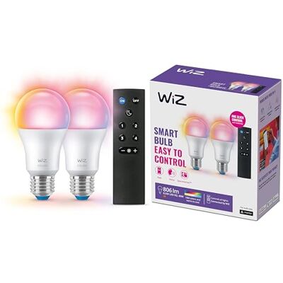 WiZ Lamp 2 stuks + afstandsbediening – gekleurd en wit licht – Slimme led-verlichting – E27 fitting – 60 W – mat – wifi WiZ Lamp 2 stuks + afstandsbediening – gekleurd en wit licht – Slimme led-verlichting – E27 fitting – 60 W – mat – wifi