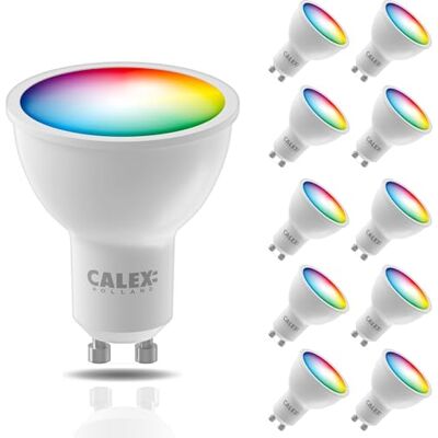 CALEX Set van 10 Smart GU10 RGB CCT WiFi LED-lampen, 345 lm, 4,9 W, Alexa/Google/Siri, 16 m kleuren, wit 2200-4000K, dimbaar, muziek, scenario's, zonder brug, wifi 2,4 GHz CALEX Set van 10 Smart GU10 RGB CCT WiFi LED-lampen, 345 lm, 4,9 W, Alexa/Google/Siri, 16 m kleuren, wit 2200-4000K, dimbaar, muziek, scenario's, zonder brug, wifi 2,4 GHz