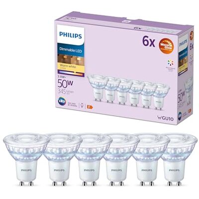 Philips Ledspot, GU10, 6 stuks, 345 lm, 2200-2700 K, WarmGlow, dimbaar, lange levensduur, smalle straal, gelijkmatige lichtverdeling, verbeterd visueel comfort, glas Philips Ledspot, GU10, 6 stuks, 345 lm, 2200-2700 K, WarmGlow, dimbaar, lange levensduur, smalle straal, gelijkmatige lichtverdeling, verbeterd visueel comfort, glas