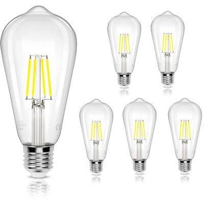 Aigostar Ledlamp E27, koudwit, 6500 K, 780 lm, 6 W, komt overeen met 58 W gloeilamp, retro ledlamp ST64, niet dimbaar, 5 stuks Aigostar Ledlamp E27, koudwit, 6500 K, 780 lm, 6 W, komt overeen met 58 W gloeilamp, retro ledlamp ST64, niet dimbaar, 5 stuks