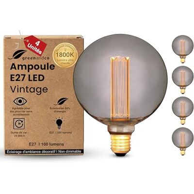 greenandco Set van 4 vintage design ledlampen voor sfeerverlichting, E27, G125, Edison, 4 W, 100 lm, 1800 K, extra warm wit, 320 graden, 230 V, flikkervrij, niet dimbaar, greenandco Set van 4 vintage design ledlampen voor sfeerverlichting, E27, G125, Edison, 4 W, 100 lm, 1800 K, extra warm wit, 320 graden, 230 V, flikkervrij, niet dimbaar,