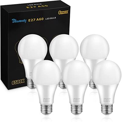 Blewandy Set van 6 E27 ledlampen, koudwit, 12 W, 1200 lumen, E27-lamp, vervangt een lamp van 100 W, 6500 K, koud wit, 280 graden stralingshoek, energiebesparend, niet dimbaar, zonder Blewandy Set van 6 E27 ledlampen, koudwit, 12 W, 1200 lumen, E27-lamp, vervangt een lamp van 100 W, 6500 K, koud wit, 280 graden stralingshoek, energiebesparend, niet dimbaar, zonder