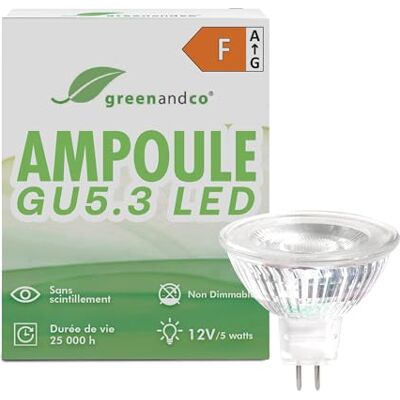 greenandco ® CRI 90+ LED Spot MR16 GU5.3 5W vervangt 40 W, 400 lm, 3000 K, warmwit, COB LED, 38 graden, 12 V AC/DC, niet dimbaar greenandco ® CRI 90+ LED Spot MR16 GU5.3 5W vervangt 40 W, 400 lm, 3000 K, warmwit, COB LED, 38 graden, 12 V AC/DC, niet dimbaar