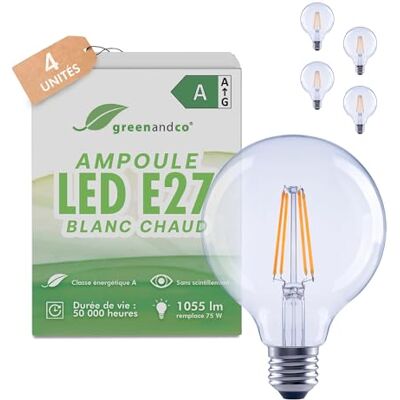 greenandco 4 x led-filamentlampen, transparant, E27 G95, 5 W, 1055 lm, vervangt 75 W, 2700 K, warmwit, 320 graden, 230 V, flikkervrij, energieklasse A, niet dimbaar greenandco 4 x led-filamentlampen, transparant, E27 G95, 5 W, 1055 lm, vervangt 75 W, 2700 K, warmwit, 320 graden, 230 V, flikkervrij, energieklasse A, niet dimbaar