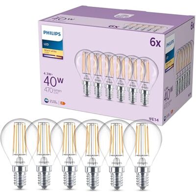 Philips Klassieke ledlamp, 40 W, helder, E14 kern, warmwit, 6 stuks Philips Klassieke ledlamp, 40 W, helder, E14 kern, warmwit, 6 stuks