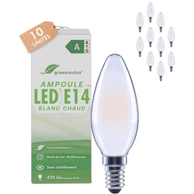 greenandco 10 x led-filamentlampen, mat, E14 C35, 2,2 W, 470 lm, vervangt 40 W, 2700 K, warmwit, 320 graden, 230 V, flikkervrij, energieklasse A, niet dimbaar greenandco 10 x led-filamentlampen, mat, E14 C35, 2,2 W, 470 lm, vervangt 40 W, 2700 K, warmwit, 320 graden, 230 V, flikkervrij, energieklasse A, niet dimbaar