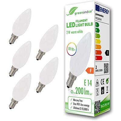 greenandco CRI 90+ led-gloeilamp, mat, E14, 2 W (komt overeen met 20 W), 200 lm, 2700 K, warm wit, 360 graden, 230 V, glas, geen flikkeren, niet dimbaar, 5 stuks greenandco CRI 90+ led-gloeilamp, mat, E14, 2 W (komt overeen met 20 W), 200 lm, 2700 K, warm wit, 360 graden, 230 V, glas, geen flikkeren, niet dimbaar, 5 stuks