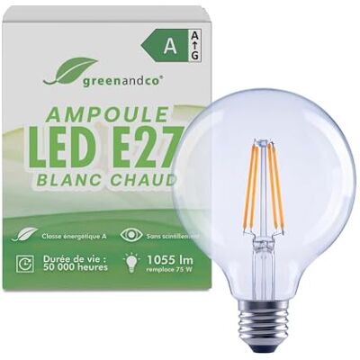 greenandco Led-filamentlamp, transparant, E27, G95, 5 W, 1055 lm, vervangt 75 W, 2700 K, warmwit, 320 graden, 230 V, flikkervrij, energieklasse A, niet dimbaar greenandco Led-filamentlamp, transparant, E27, G95, 5 W, 1055 lm, vervangt 75 W, 2700 K, warmwit, 320 graden, 230 V, flikkervrij, energieklasse A, niet dimbaar