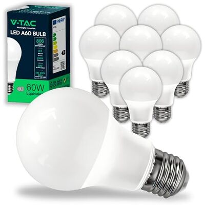 V-TAC 10 x ledlampen met E27-fitting, 8,5 W (komt overeen met 60 W) A60-806 lumen, 6500 K, koelwit, 200° bundelbreedte, maximale efficiëntie en energiebesparend, VT-2099-10 V-TAC 10 x ledlampen met E27-fitting, 8,5 W (komt overeen met 60 W) A60-806 lumen, 6500 K, koelwit, 200° bundelbreedte, maximale efficiëntie en energiebesparend, VT-2099-10