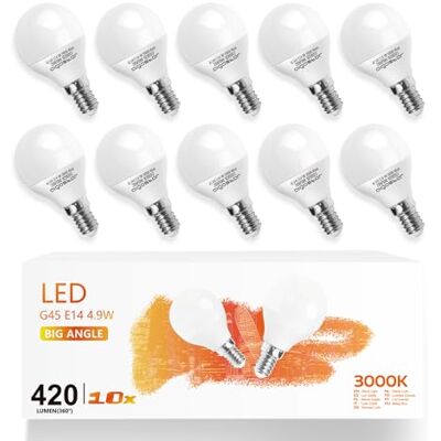Aigostar Ledlamp E14, 5 W, warm wit 3000 K, 420 lumen, komt overeen met 37 W halogeenlamp, type G45, hoek van 180 graden, CRI ≥ 80, niet dimbaar, verpakking van 10 stuks met doos Aigostar Ledlamp E14, 5 W, warm wit 3000 K, 420 lumen, komt overeen met 37 W halogeenlamp, type G45, hoek van 180 graden, CRI ≥ 80, niet dimbaar, verpakking van 10 stuks met doos