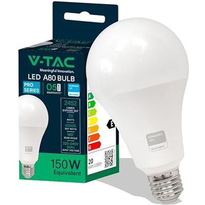 V-TAC Ledlamp E27 20 W (komt overeen met 150 W) A80-2452 lumen, 6500 K, koudwit, opening van de lichtstraal 200 graden, maximale efficiëntie en energiebesparing V-TAC Ledlamp E27 20 W (komt overeen met 150 W) A80-2452 lumen, 6500 K, koudwit, opening van de lichtstraal 200 graden, maximale efficiëntie en energiebesparing