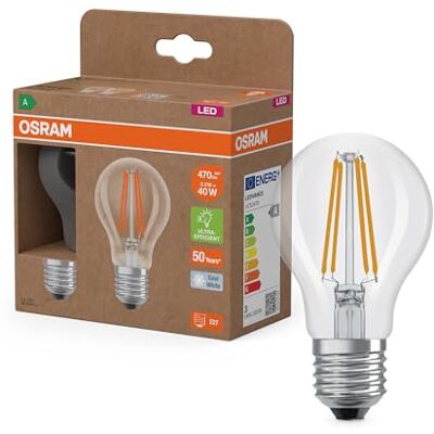 OSRAM Energy Class in de vorm van een klassieke gloeilamp, 2,2 W/470 lm, EEK A, koud wit licht (4000 K), CRI 80, van transparant loodvrij glas, E27-fitting, IP20, diameter 60 mm. OSRAM Energy Class in de vorm van een klassieke gloeilamp, 2,2 W/470 lm, EEK A, koud wit licht (4000 K), CRI 80, van transparant loodvrij glas, E27-fitting, IP20, diameter 60 mm.