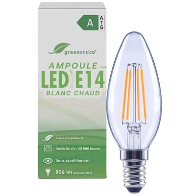 greenandco Ledlamp E14, warmwit, 3,8 W, 806 lm, transparant, C35 Lamp E14 vervangt 60 W, 2700 K, stralingshoek 320°, flikkervrij, energieklasse A, niet dimbaar greenandco Ledlamp E14, warmwit, 3,8 W, 806 lm, transparant, C35 Lamp E14 vervangt 60 W, 2700 K, stralingshoek 320°, flikkervrij, energieklasse A, niet dimbaar