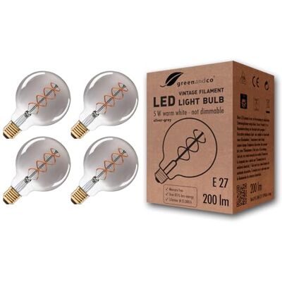 greenandco ® led-gloeilamp, vintage, E27, G95, zilvergrijs, 5 W, 200 lm, 1800 K, warm wit, 360 graden, 230 V, niet dimbaar, 4 stuks greenandco ® led-gloeilamp, vintage, E27, G95, zilvergrijs, 5 W, 200 lm, 1800 K, warm wit, 360 graden, 230 V, niet dimbaar, 4 stuks