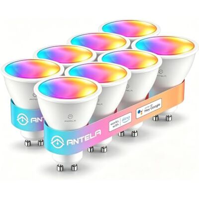 ANTELA Intelligente GU10 wifi-lamp, compatibel met Alexa en Google Home, 5 W/400 lm, koud/warm licht, 2700 K-6500 K, RGB-lamp, 16 miljoen kleuren, CRI 80, 8 stuks ANTELA Intelligente GU10 wifi-lamp, compatibel met Alexa en Google Home, 5 W/400 lm, koud/warm licht, 2700 K-6500 K, RGB-lamp, 16 miljoen kleuren, CRI 80, 8 stuks